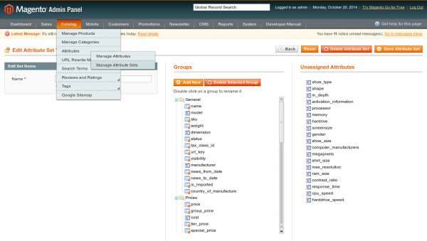 Managing Furniture product attribute set in Magento backend